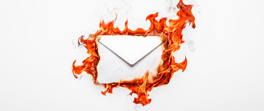 Single blank white envelope surrounded by bright orange flames against white background, urgent messages and breaking news. Close-up.