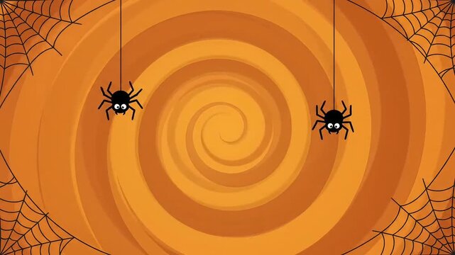 Cute animated spiders dangling on orange swirling spiral background