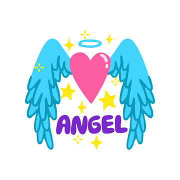 Y2K angel heart with blue wings, halo, stars, and lettering quote for retro 2000s streetwear apparel print, trendy nostalgic poster, and fashion patch sticker. Flat vector illustration, hand drawn.