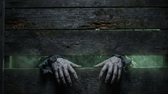 Two pale zombie hands reaching through a gap in weathered wooden boards, a spooky Halloween horror background
