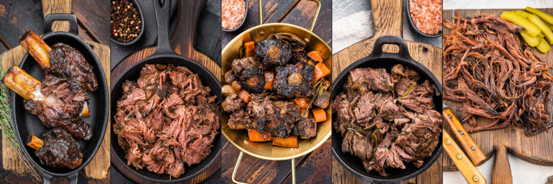 Slow cooked beef assortment with braised chunks shredded meat and rich sauces served in dark pans on rustic surfaces