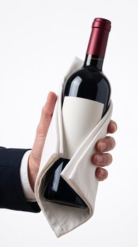 Waiter hand wrapped in a white napkin holding a red wine bottle with blank label against a white background. Perfect for restaurant wine menus, winery promotional banners, sommelier service articles.