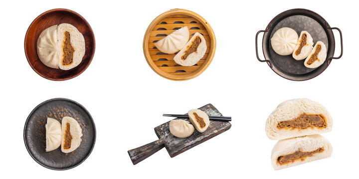 Soft bao buns with savory filling shown whole and sliced on plates and in baskets in six arrangements on white