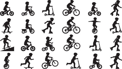 Kids Riding Bicycle, Scooter, Skateboard, and Roller Skates Silhouette Vectors Collection © Muktadir Billa