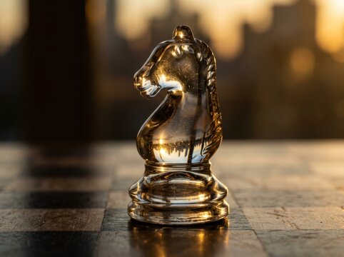 Glass chess knight on a board with warm golden reflections