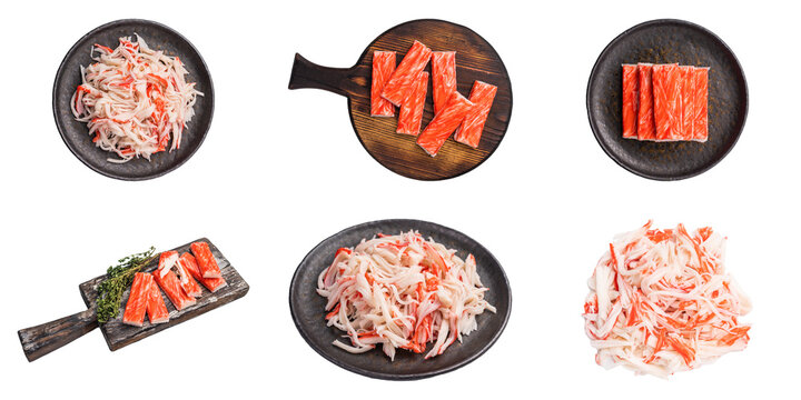 Red and white surimi crab sticks shown whole and shredded on plates and boards in six arrangements on white