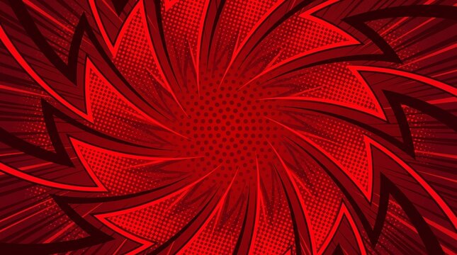 Dark Red Comic Style Radial Burst Background with Halftone Dot Pattern