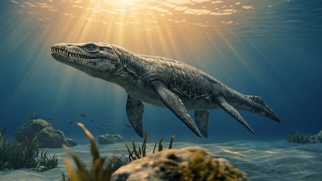 pliosaur underwater at morning light in jurassic coast england video