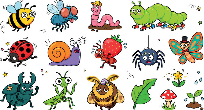 Cute and funny cartoon insect vector element set featuring bee fly worm caterpillar ladybug snail ant spider butterfly and beetle characters illustration