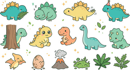 Cute kawaii baby dinosaur vector element set featuring cartoon stegosaurus T-Rex triceratops brachiosaurus hatching egg volcano and tropical leaves illustration © MdShakib