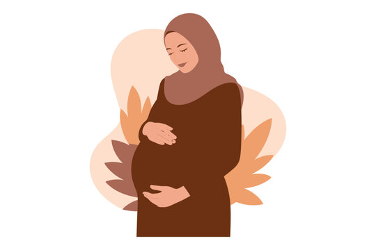 Pregnant muslim woman in hijab holding baby bump