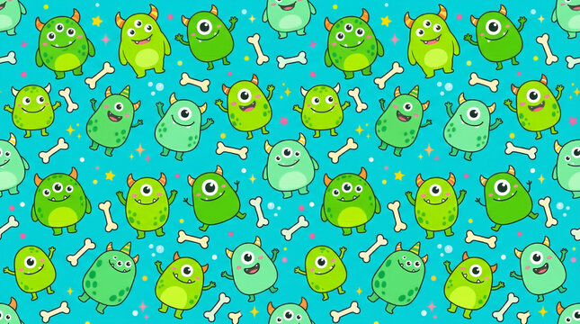 Cute Halloween green monsters and bones pattern