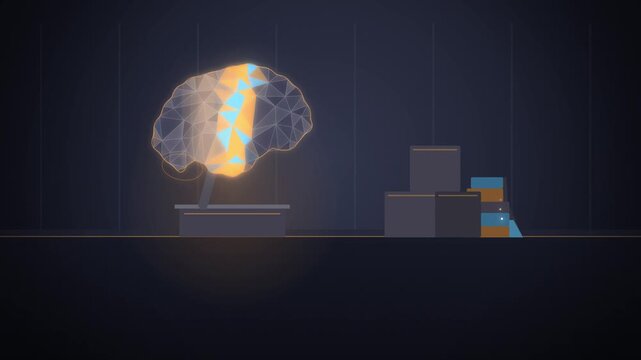 Orange and steel blue low poly faceted AI brain in a room full scene