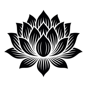 Detailed black lotus flower illustration presented as a striking silhouette