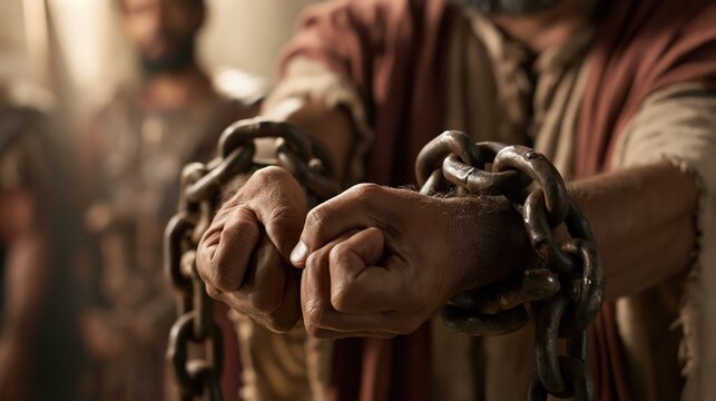 Apostle Peter's chains falling away in heavenly light as Roman guards sleep during his miraculous prison deliverance.