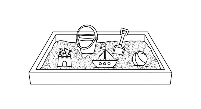 Children sandbox with sand castle, bucket, shovel, and toys line art vector illustration isolated on white background
