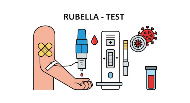 Rubella test concept with blood sampling kit rapid test cassette and virus icon vector illustration isolated on white background