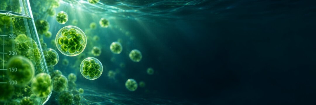 green microalgae cells glowing in water with laboratory glassware and copy space. concept of biotechnology, biofuel production, and scientific research. banner, website header.