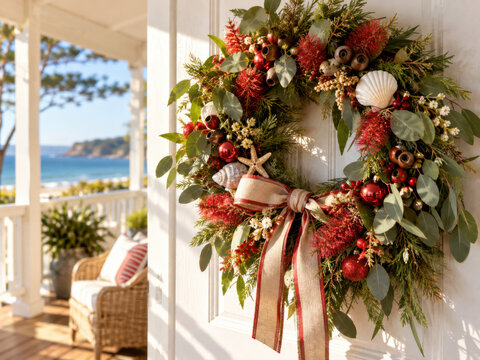 Australischer Weihnachtskranz an der K&uuml;ste &ndash; Sommerlicher T&uuml;rkranz mit roten Bottlebrush-Bl&uuml;ten, Eukalyptus, Muscheln, Seestern und roten Kugeln vor blauem Meer.