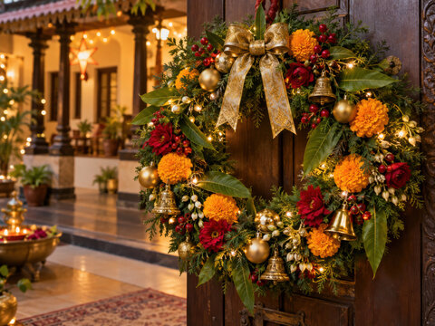 Indischer Weihnachtskranz mit Ringelblumen &ndash; Prunkvoller T&uuml;rkranz mit orangefarbenen Marigolds, roten Bl&uuml;ten, goldenen Kugeln, Glocken und Lichtern in festlich geschm&uuml;cktem Innenhof.