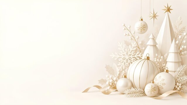 白いオーナメントとツリーが右側に配置されたミニマルなクリスマスの余白（生成AI）