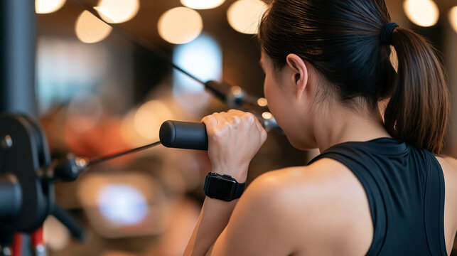 Faceless woman using a cable machine at a gym for muscle mass, triceps strength and workout, functional training, with copy space