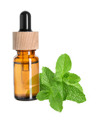 Menthol oil in bottle and green mint leaves against transparent background © New Africa