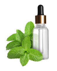 Menthol oil in bottle and green mint leaves against transparent background © New Africa