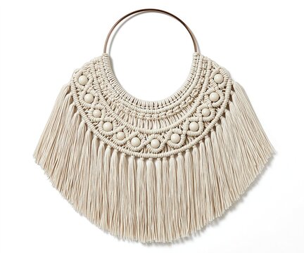 Cream Macrame Necklace with Tassels and Beads