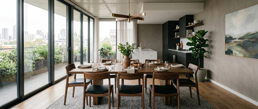Modern Dining Room with City View Balcony Kitchen Island and Large Wooden Table Setup