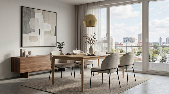 Modern dining room with large window natural light and abstract art Cozy elegant interior design with wooden furniture and minimalist decor
