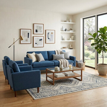 Modern Blue Living Room with Geometric Rug Natural Light and Artwork Cozy Home Decor