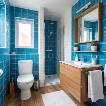 Modern Blue Tiled Bathroom with Wood Vanity and Walk in Shower