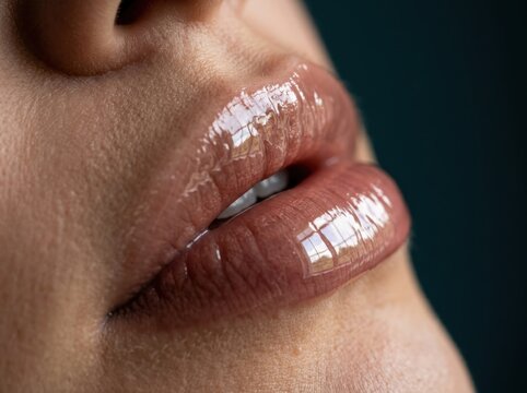 Glossy nude lips with soft lip makeup and beauty closeup