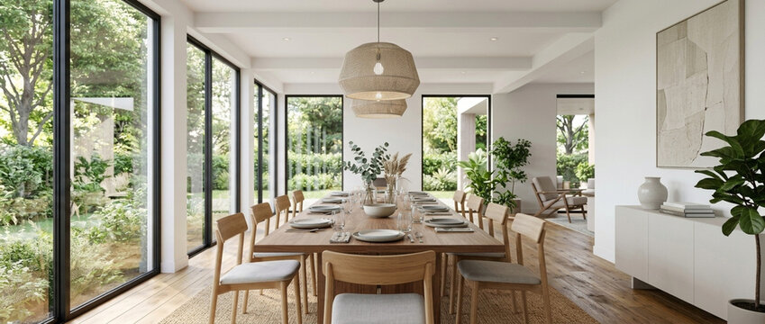 Modern Dining Room with Large Windows Overlooking Lush Garden and Long Table Setting