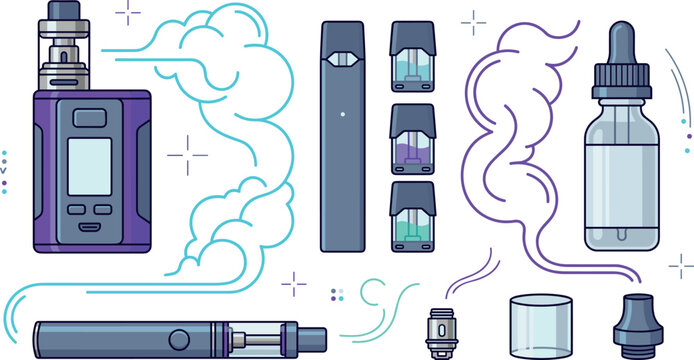 Vaping electronic cigarette vector illustration set featuring advanced box mod pod system vape pen juice dropper bottle replacement cartridges and smoke clouds