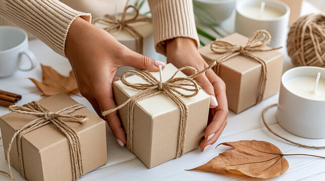 Overhead view of an artisan packaging autumn candles in simple unbranded boxes with natural twine and dried leaves, clean work surface, handmade product presentation, sustainable