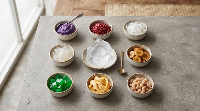 Assortment of Halo Halo ingredients in bowls for a refreshing Filipino dessert preparation