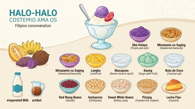 Filipino Halo Halo Dessert Ingredients and Preparation Illustration for Culinary Education and Food Marketing