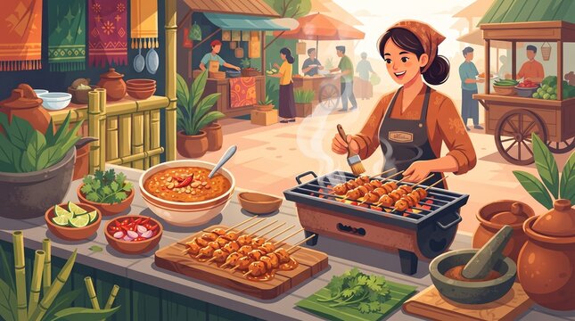 Asian street food vendor grilling satay skewers at a vibrant market stall, culinary delight