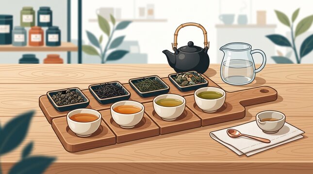 Diverse Tea Tasting Experience with Various Loose Leaf Teas and Brewed Infusions on Wooden Board