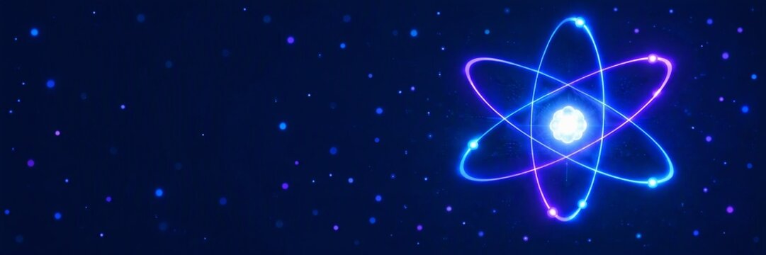 Glowing digital atom model with orbiting electrons on dark blue background with scattered light particles