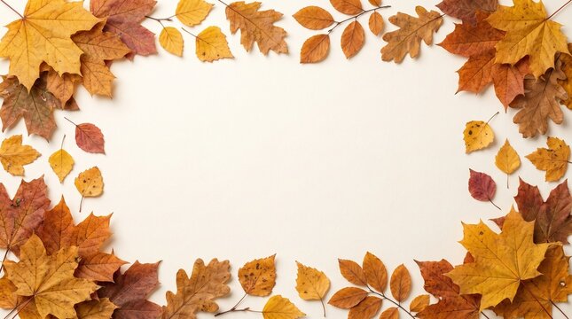 Minimalist autumn fall foliage full frame rectangular border layout with natural dry maple oak and birch leaves on off white textured paper background center copy space flat lay stock photo.   