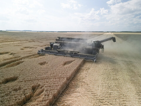 Cherkasy, Ukraine - 17 July 2023: Aerial view of a Nexat combine harvester harvesting wheat in a vast field with dust rising in the summer sun.