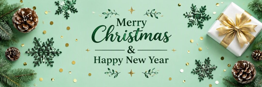 Christmas and New Year greeting card with snowflakes, pine cones, fir branches, gift box and festive decorations on green background
