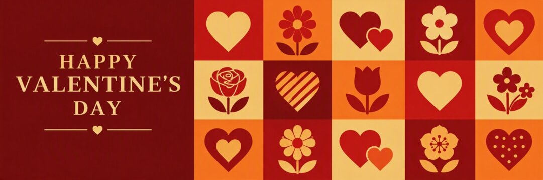 Valentine's Day greeting card with hearts and flowers icons in red and yellow grid