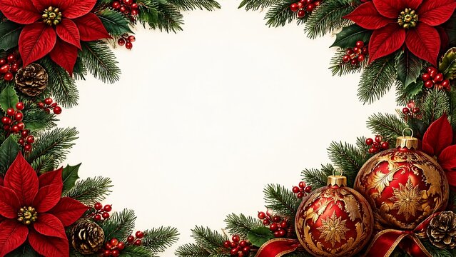 Christmas border with poinsettias, pine branches, red berries, pine cones, and ornate ornaments