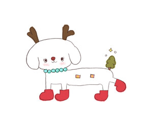 Adorable doodle white dog with reindeer antlers, red boots, and a Christmas tree on its back, cute holiday illustration. on white background. © SOPAK