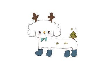 Cute doodle white dog shaped like a house with reindeer antlers and a Christmas tree on its back, wearing blue boots, holiday concept. on white background. © SOPAK
