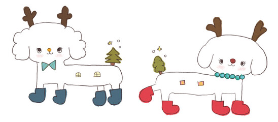 Cute doodle white dog shaped like a house with reindeer antlers and a Christmas tree on its back, wearing blue and red boots , Happy holiday. whimsical and funny. Isolated on transparent background. © SOPAK